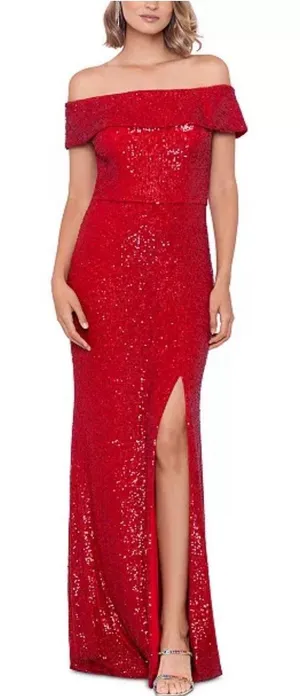 New XSCAPE Women's Off-The-Shoulder Slit-Front Sequin Gown Sz 12 Style 5136x thumbnail 1