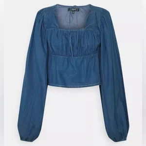 Missguided Tie Front Square Neck Volume Sleeve Denim Crop Top‎ Deep Blue Size 6 thumbnail 3