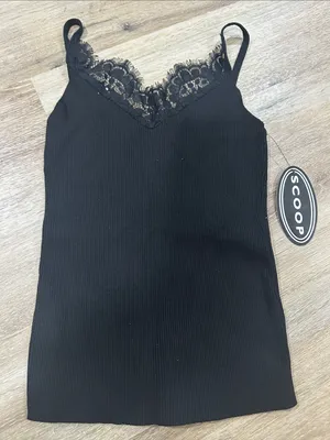 Scoop Lace-Trim Black Ribbed Cami Tank thumbnail 1
