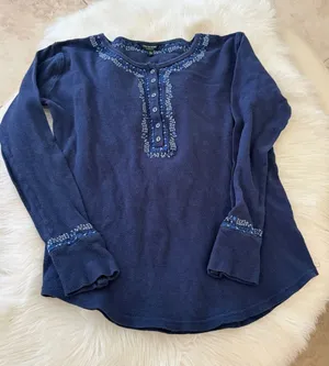 Lucky Brand Navy Blue Long-Sleeve Henley with Embroidered Trim thumbnail 1
