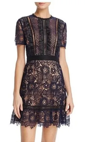AQUA Lace Mini Dress Sz S Navy Blue‎ Floral Guipure Cocktail Party Wedding Guest thumbnail 1