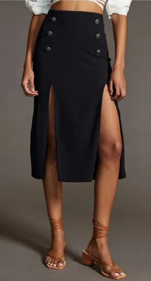 Maeve Anthropologie Black Dual Split Button Front Sailor Midi Skirt Size 8 thumbnail 1
