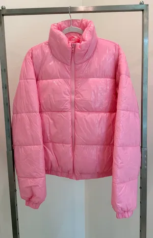 Amazon Womens Pink Short Puffer Jacket Full Zip Long Sleeve Solid Size L Regular thumbnail 1