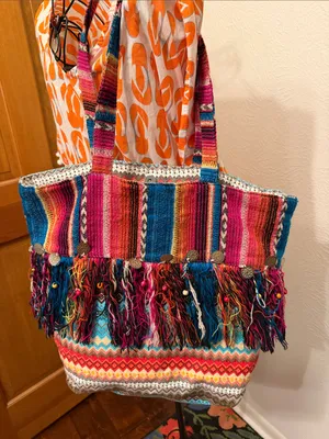 🌈🌈🌈BOGOHO🌈🌈🌈Colorful Boho Fringe Tote Bag - Pink, Blue & Multi thumbnail 1