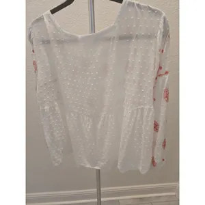 ​Solitaire Embroidered Large Coral & White Boho Swiss Dot Peasant Tie Neck Top thumbnail 3