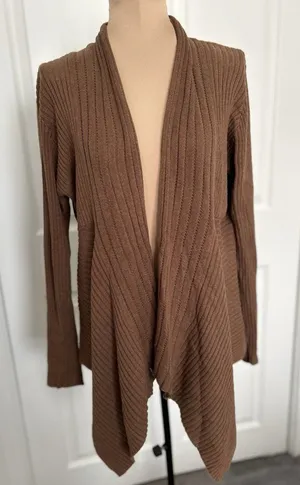 Dressbarn Waterfall Open Front Rib Knit Cardigan Brown Size M thumbnail 1