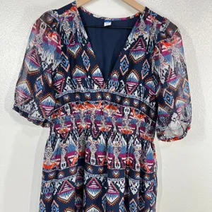Old Navy Boho‎ Tiered Midi Dress Geometric Print Puff Sleeve Smocked Waist Lined thumbnail 10