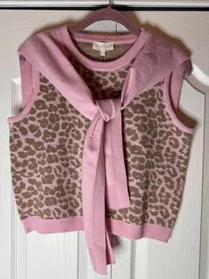 entro Pink and Brown Leopard Knit with Attached Tie Boutique Sweater Vest thumbnail 1