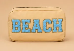 Tan ‘Beach’ nylon Travel Pouch with Gold Trim varsity letter patches thumbnail 1
