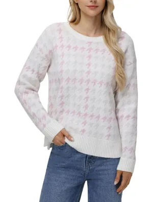 NEW NWT 525 Women's Large Super Soft Crewneck Lurex‎ Fairisle Sweater Pink White thumbnail 1
