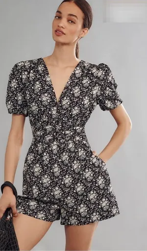 Anthropologie The Katerina Button-Front Romper Size M Black Floral‎ thumbnail 1