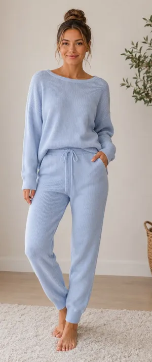 Light Blue Ribbed Knit Lounge Set Size L thumbnail 1