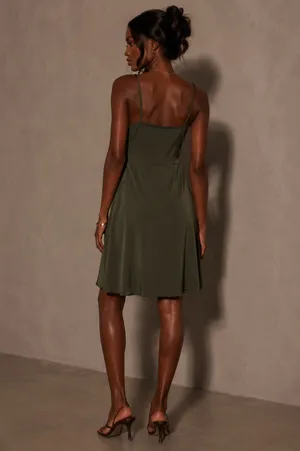 Olive green satin mini dress with button detail thumbnail 2