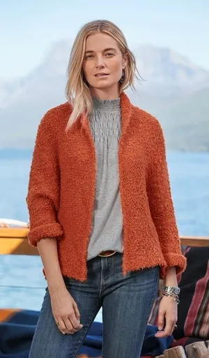 SUNDANCE Laurel Breeze Cardigan Sweater Solid Orange Boucle Knit Wool Small thumbnail 1
