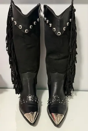 Black Fringed Western Knee-High Boots with Silver Accents thumbnail 1
