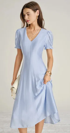 Rihoas Light Blue V-Neck Puff Sleeve Midi Dress thumbnail 1