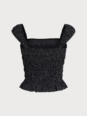 Rihoas Smocked Square-Neck Black Polka Dot Tank Top thumbnail 6
