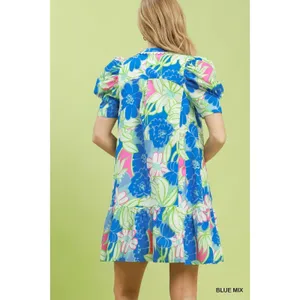 Umgee Floral Puff Sleeve Tiered Mini Dress - Blue Mix - Small thumbnail 3