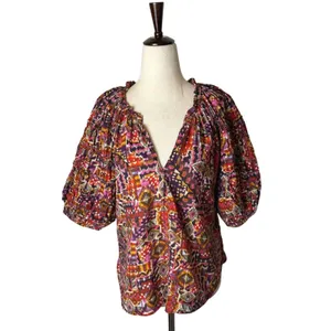 XIRENA Lucia Popover Blouse Womens Small Kaleidoscope‎ Puff Sleeve Boho Cottage thumbnail 2