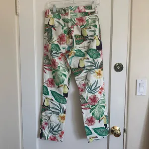 Zara Floral Tropical Print Wide-Leg Jeans - White with Green, Pink, Yellow thumbnail 3
