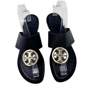 Tory Burch Benton Band Black Leather Logo Medallion Sandals 8 thumbnail 3