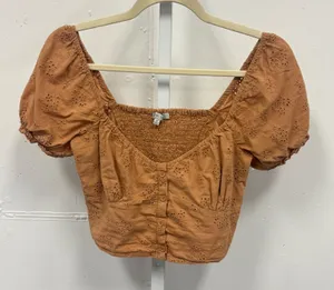 Love Tree Terracotta Rust Eyelet Button Front Smocked Crop‎ Top Blouse Medium thumbnail 1