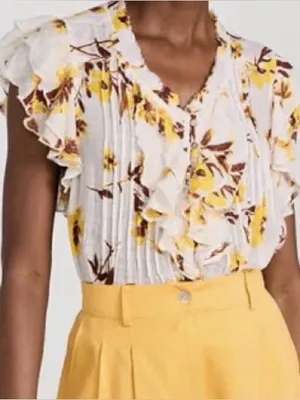 Free People White Floral Ruffle V-Neck Top with Yellow and Brown Print thumbnail 5