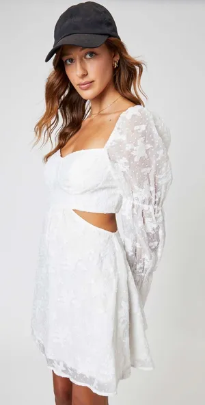 NWT Cider Floral Jacquard Cut Out Long Sleeve Puffy Mini White Dress Size Small thumbnail 1