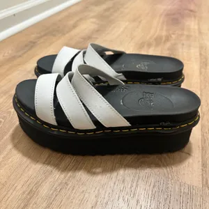 Dr. Martens | Woman's Blaire White Black Leather Platform Slide Sandals, Size 10 thumbnail 3