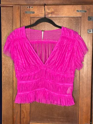 Free People Making Me Smile Top Fuchsia Pink Sheer Ruched Ruffle Cottagecore S thumbnail 2