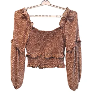 ASTR The Label Brown Ditsy Floral Smocked Long‎ Sleeve Crop Top Women's XL thumbnail 3