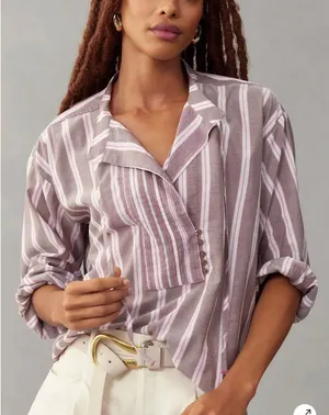 Pilcro Anthropologie Women's Pink Brown Stripe Long sleeve Popover Top Sz S thumbnail 1