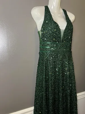 FAERIESTY Dress Womens Medium Green Sequin V-Neck Fit & Flare Maxi Formal Gown thumbnail 6