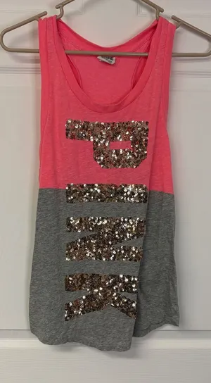 Victoria's Secret PINK Sequin Logo Racerback Tank Top Neon Pink Gray Medium thumbnail 1