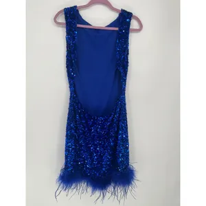 B. Darlin Sequin Feather Trim Open Back Mini Dress Women 15/16 Royal Blue Glam thumbnail 2