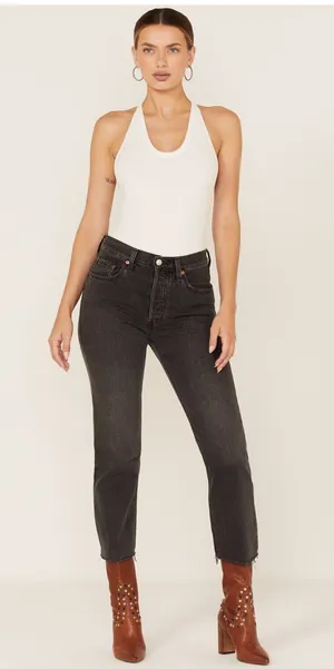 Levi's 501 Woman’s Highrise Straight Crop W30 L26 Button Fly Raw Hem Denim jeans thumbnail 1