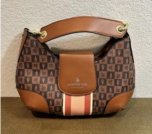 London Fog Collection Brown Monogram Stripe Hobo Shoulder Bag Gold Chain New thumbnail 1