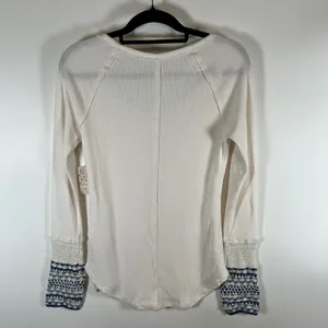 Free People Ivory Combo Henley Thermal Waffle Knit Crochet Cuff Top Large‎ Boho thumbnail 9