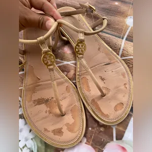 Tory Burch Tan Sandals with Gold Medallion thumbnail 1