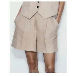 Zara High Rise Linen Blend Shorts Tan Beige Size XS Preppy Career Minimalist thumbnail 3