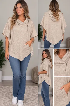 Simply Noelle Cowl Neck Poncho Size S/M Oatmeal Heather Fleece Pullover thumbnail 2