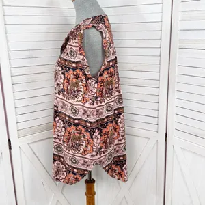 Loft Boho Floral Split Neck Sleeveless Tunic Tank Top Shirt Peach‎ Coral Medium thumbnail 3
