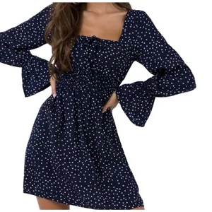 Princess Polly Navy White Polka Dot Bell Sleeve Smocked Mini Dress 8 Whimsical thumbnail 1