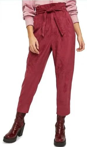 Free People Burgundy Suede Paperbag‎ Waist Tie Belt Cropped Pants Size 6 thumbnail 1