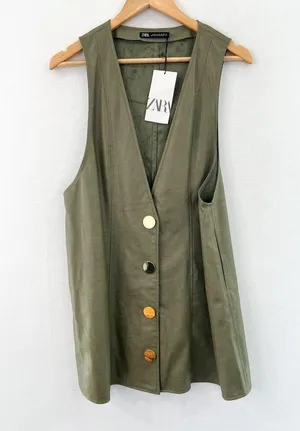 NEW ZARA Faux Leather Pinafore Dress Medium Sage Green Deep V Gold Buttons thumbnail 2