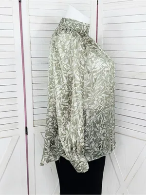 H&M Floral Pleated Mock Neck Blouse Green Cream Large Sheer Satin Office Boho thumbnail 4