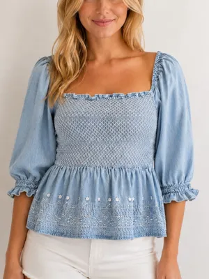 American Eagle babydoll top Denim Smocked Peplum square Puff Sleeve Embroidered thumbnail 1