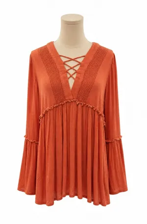 Entro Rust Orange Boho Lace-Up Bell Sleeve Peasant Tunic Top Small Oversized thumbnail 1