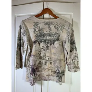 Christopher & Banks Vtg Y2K Italian Winery Scene Shirt Embellish Top USA Classic Romantic Watercolor thumbnail 3