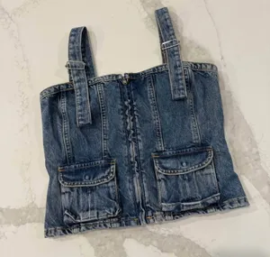 Zara y2k Denim Bustier Crop Top Womens Size Small Blue Smocked Back Front Zipper thumbnail 1